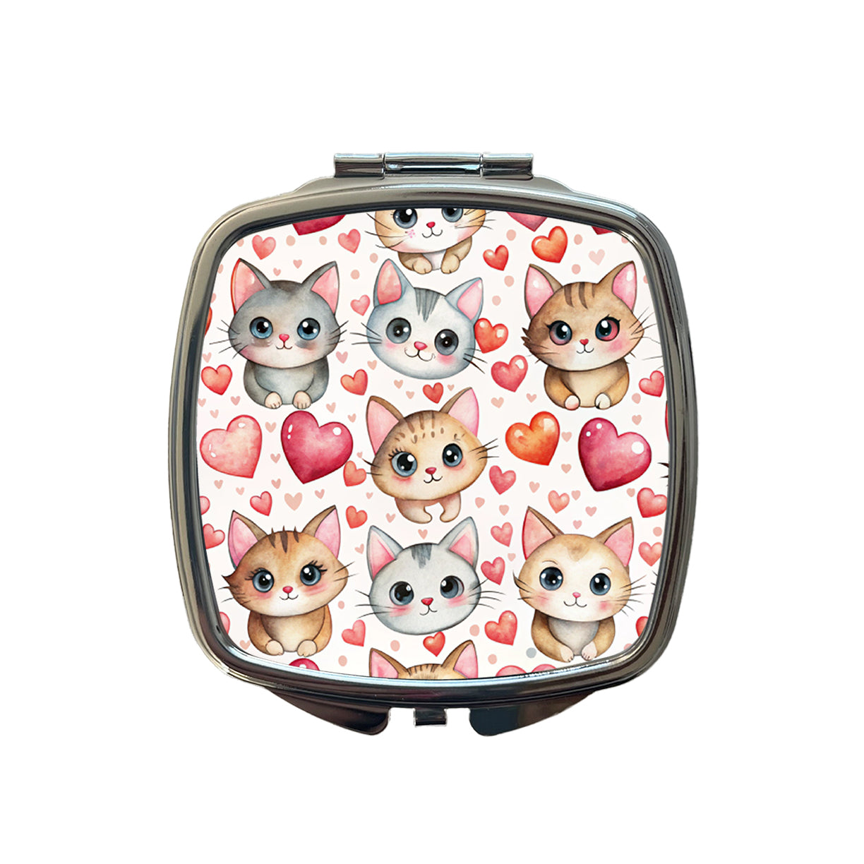 Cute Cats Hearts Watercolor Small Travel Purse Handbag Pocket Makeup Compact Mirror