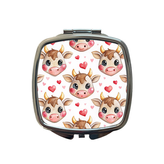 Cute Cow Faces Hearts Watercolor Small Travel Purse Handbag Pocket Makeup Compact Mirror