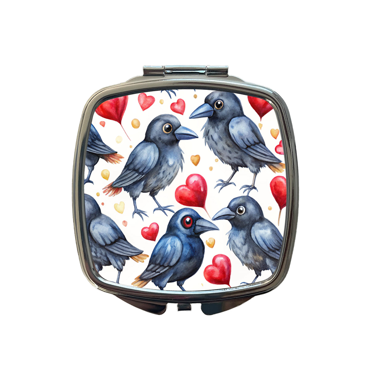 Cute Crows Hearts Watercolor Small Travel Purse Handbag Pocket Makeup Compact Mirror