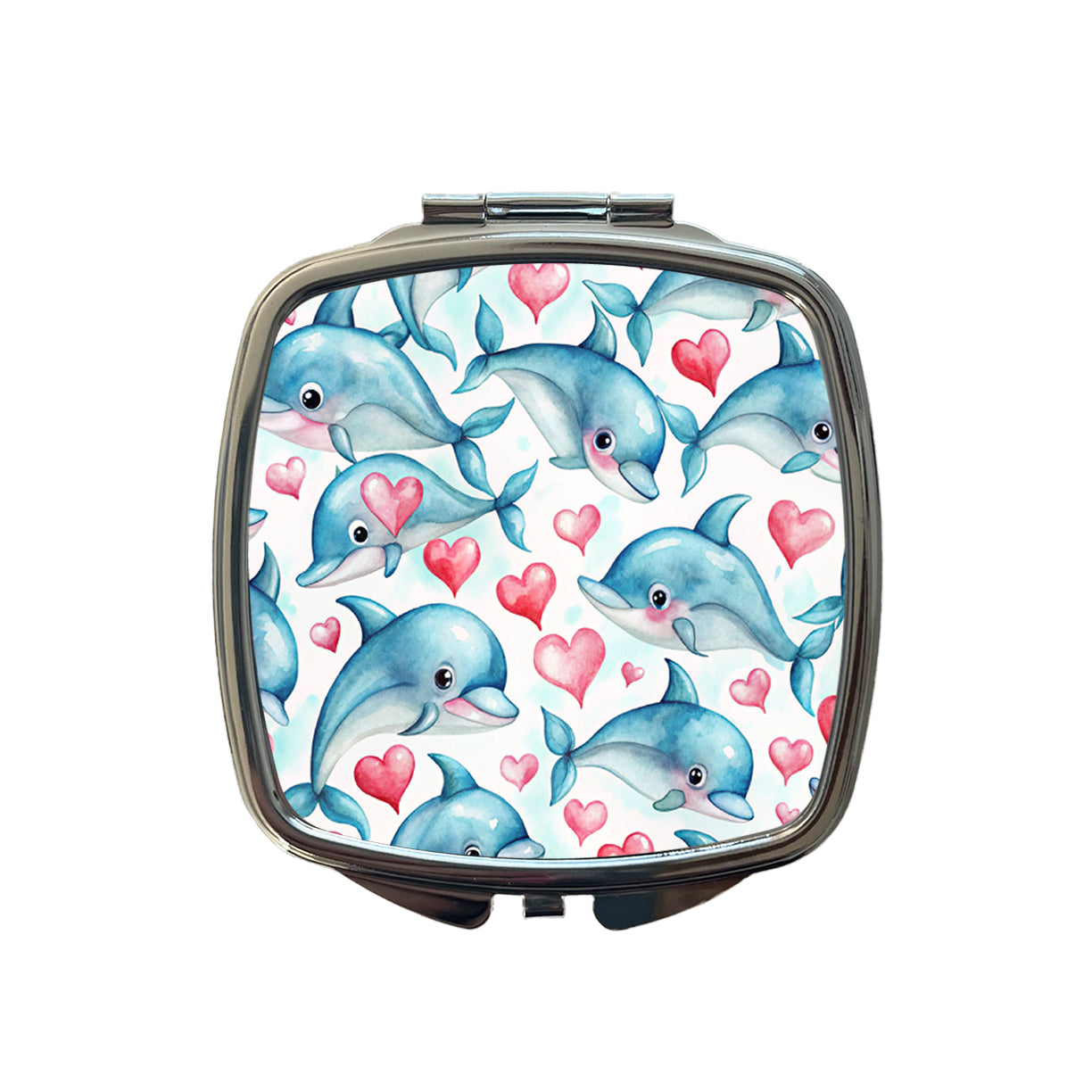 Cute Dolphin Faces Hearts Small Travel Purse Handbag Pocket Makeup Compact Mirror