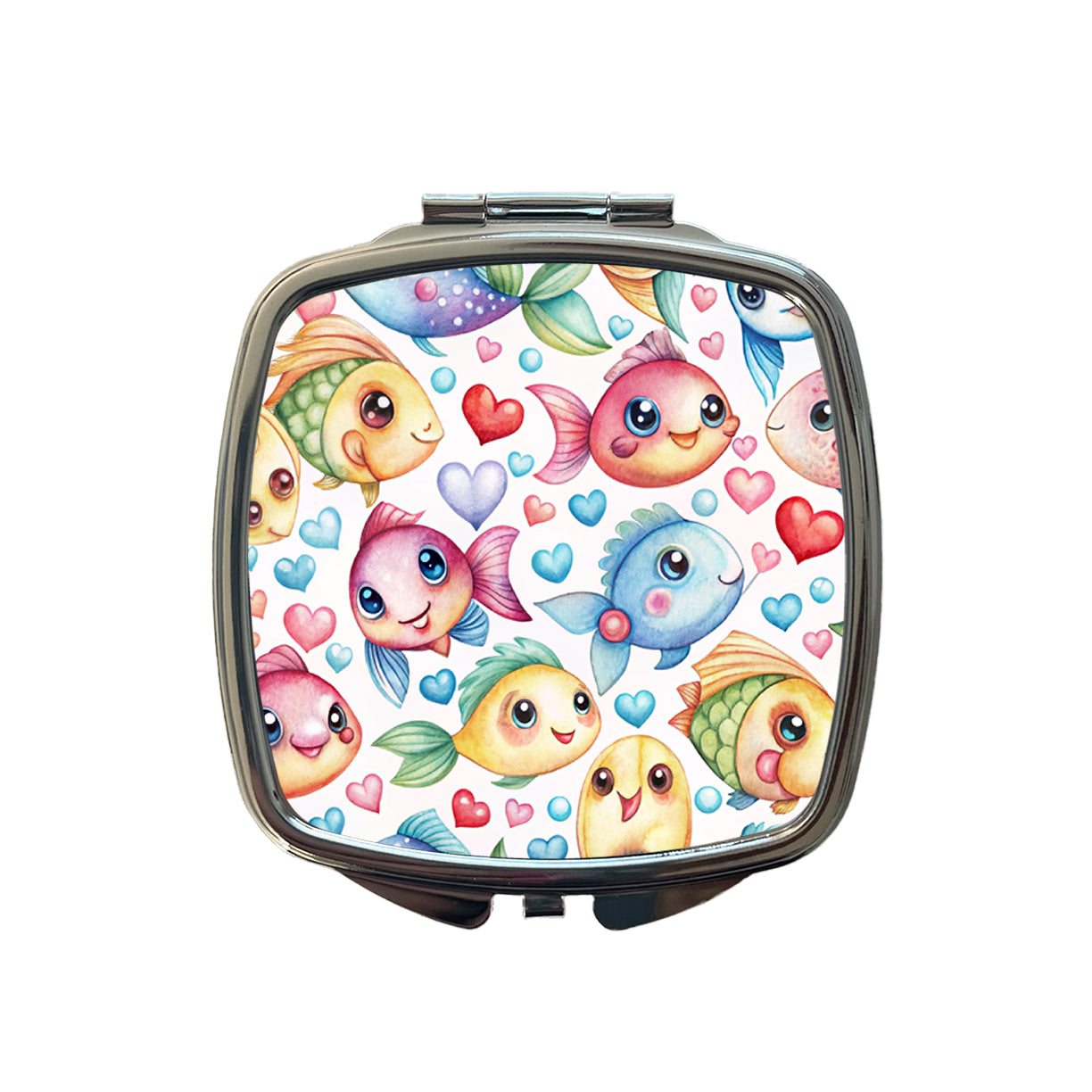 Cute Fish Faces Hearts Watercolor Small Travel Purse Handbag Pocket Makeup Compact Mirror