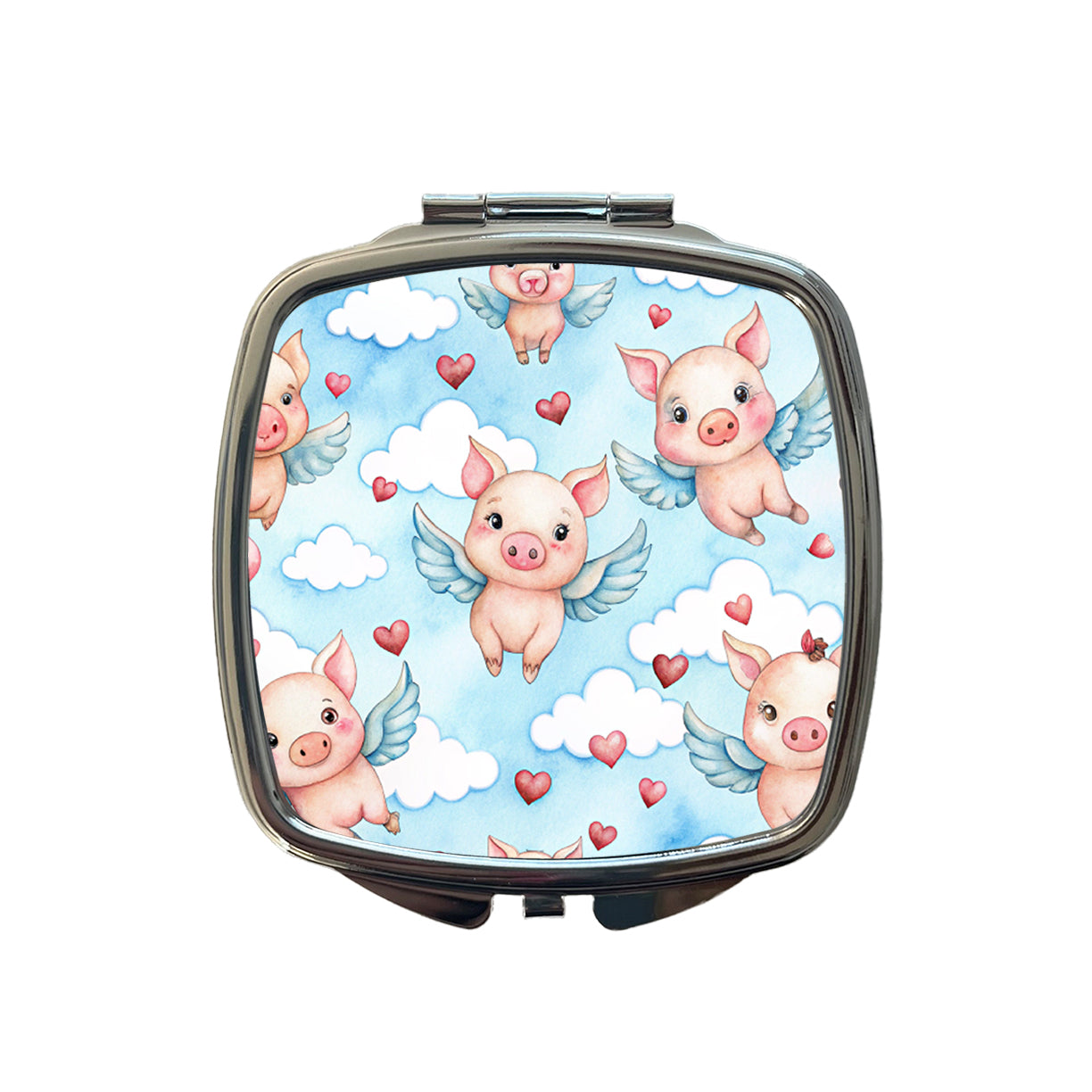 Cute Flying Pigs Hearts Watercolor Small Travel Purse Handbag Pocket Makeup Compact Mirror