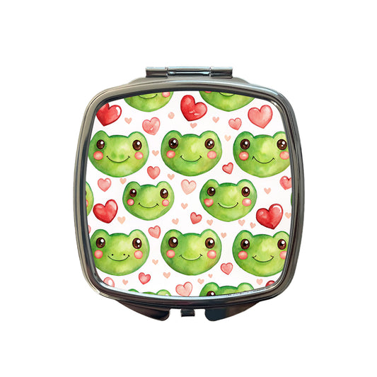 Cute Frog Faces Hearts Watercolor Small Travel Purse Handbag Pocket Makeup Compact Mirror