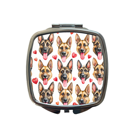 Cute German Shepherd Dog Faces Hearts Small Travel Purse Handbag Pocket Makeup Compact Mirror