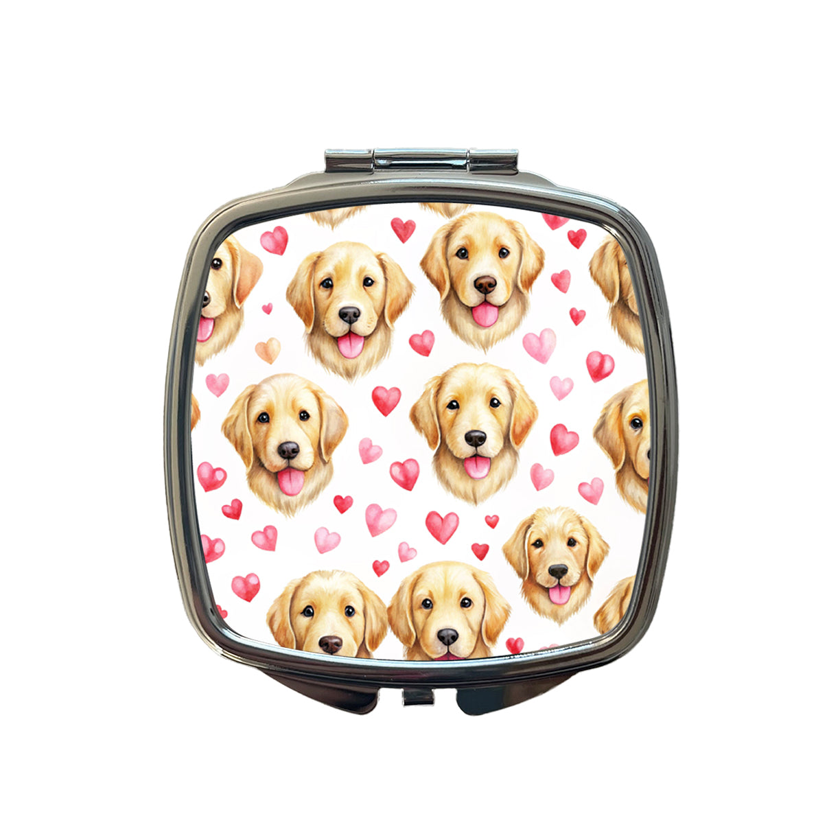 Cute Golden Retriever Dog Faces Hearts Small Travel Purse Handbag Pocket Makeup Compact Mirror