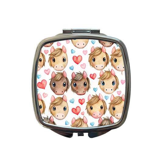 Cute Horse Faces Hearts Watercolor Small Travel Purse Handbag Pocket Makeup Compact Mirror
