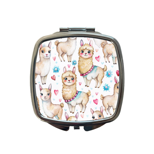 Cute Llamas Hearts Watercolor Small Travel Purse Handbag Pocket Makeup Compact Mirror