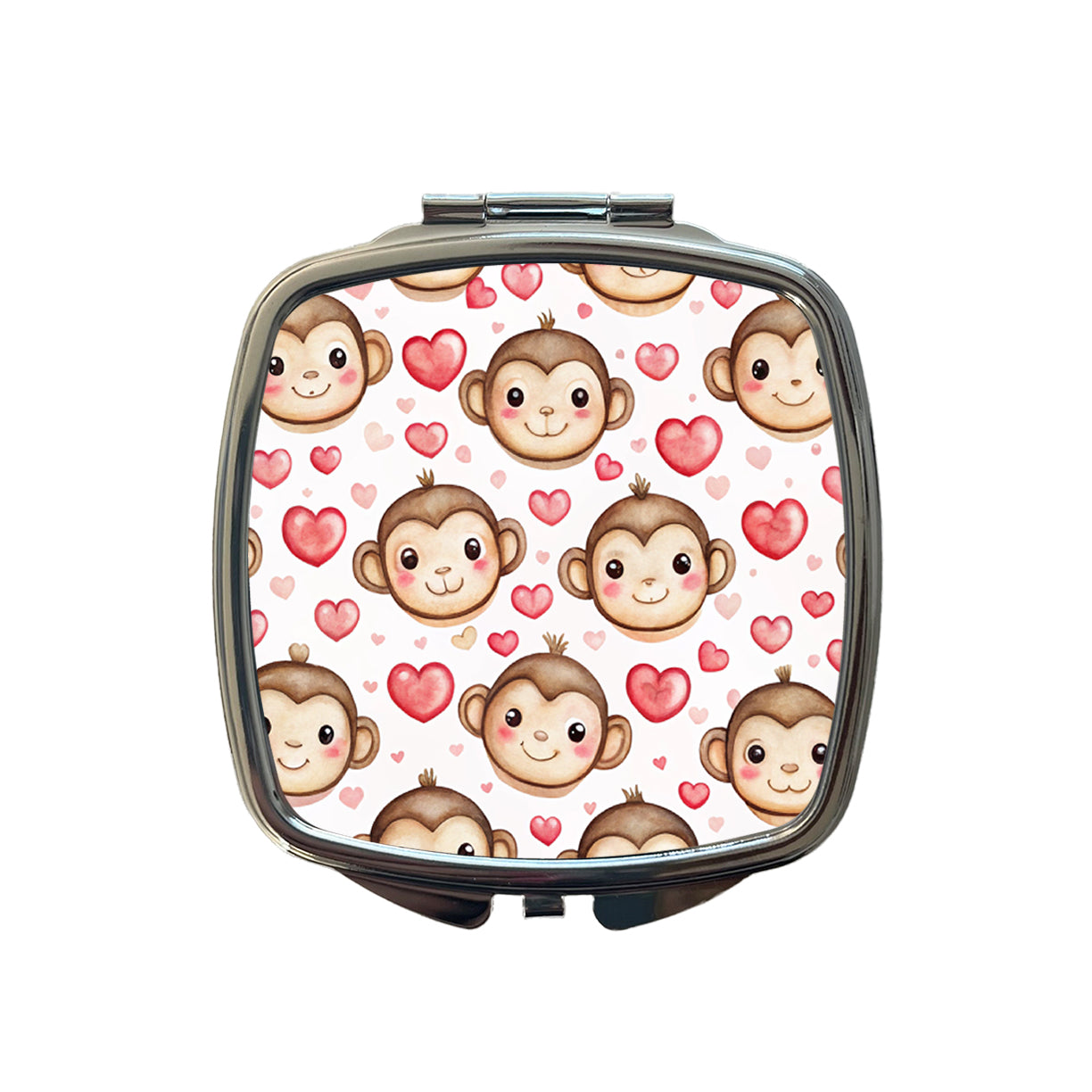 Cute Monkey Faces Hearts Watercolor Small Travel Purse Handbag Pocket Makeup Compact Mirror