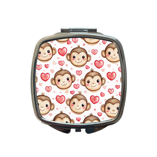 Cute Monkey Faces Hearts Watercolor Small Travel Purse Handbag Pocket Makeup Compact Mirror