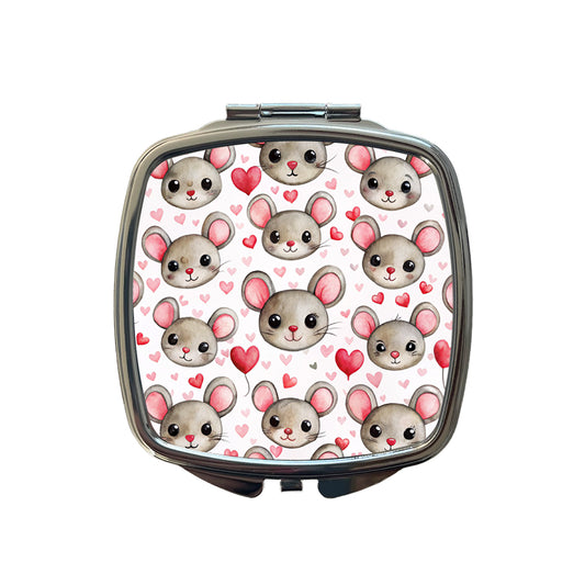 Cute Mouse Faces Hearts Watercolor Small Travel Purse Handbag Pocket Makeup Compact Mirror