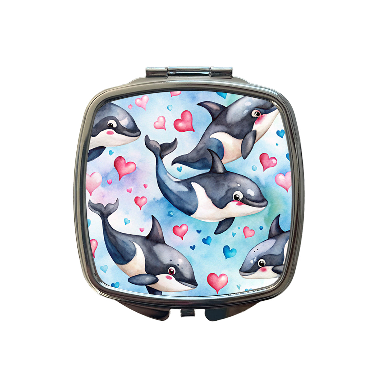 Cute Orcas Whales Hearts Watercolor Small Travel Purse Handbag Pocket Makeup Compact Mirror