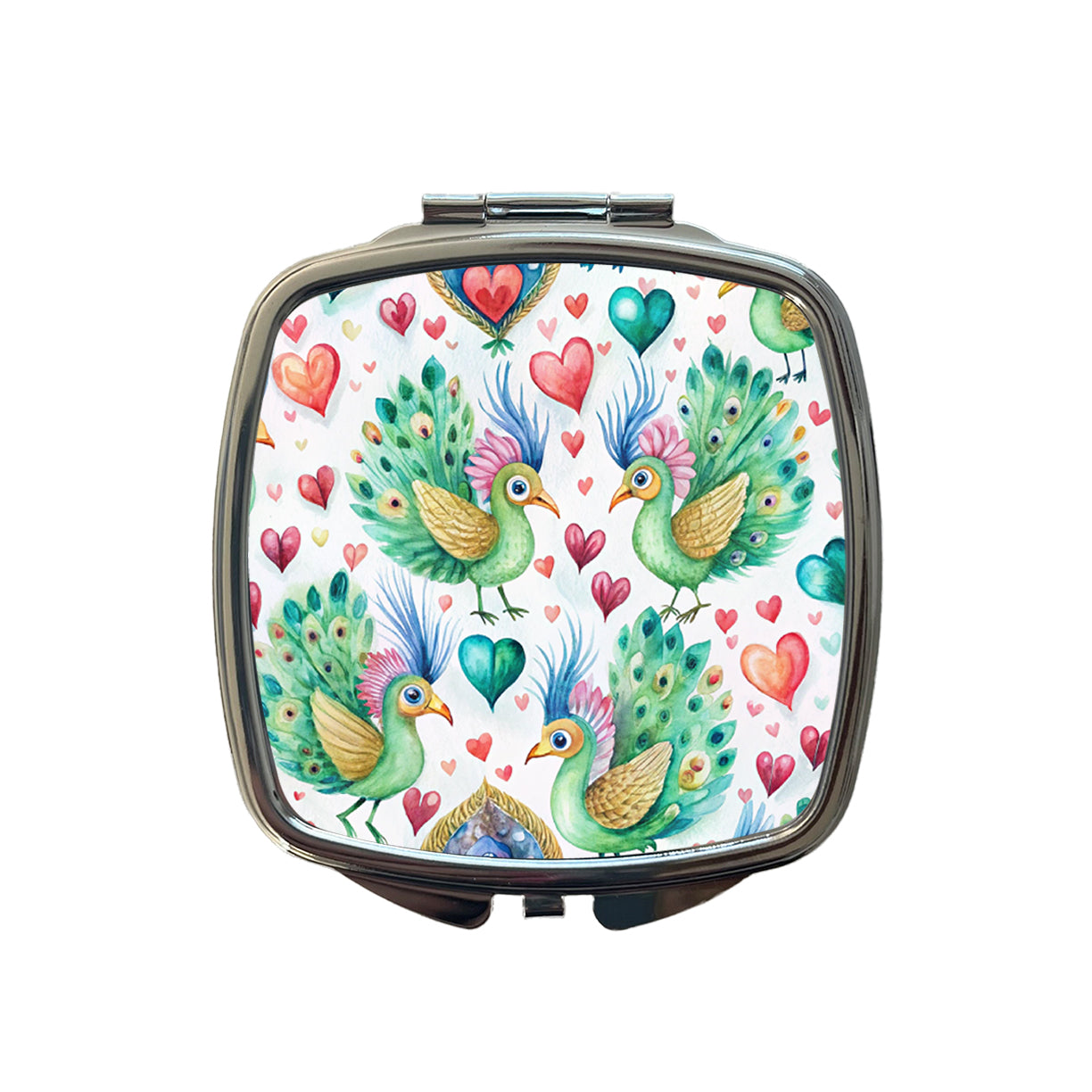 Cute Peacocks Hearts Watercolor Small Travel Purse Handbag Pocket Makeup Compact Mirror
