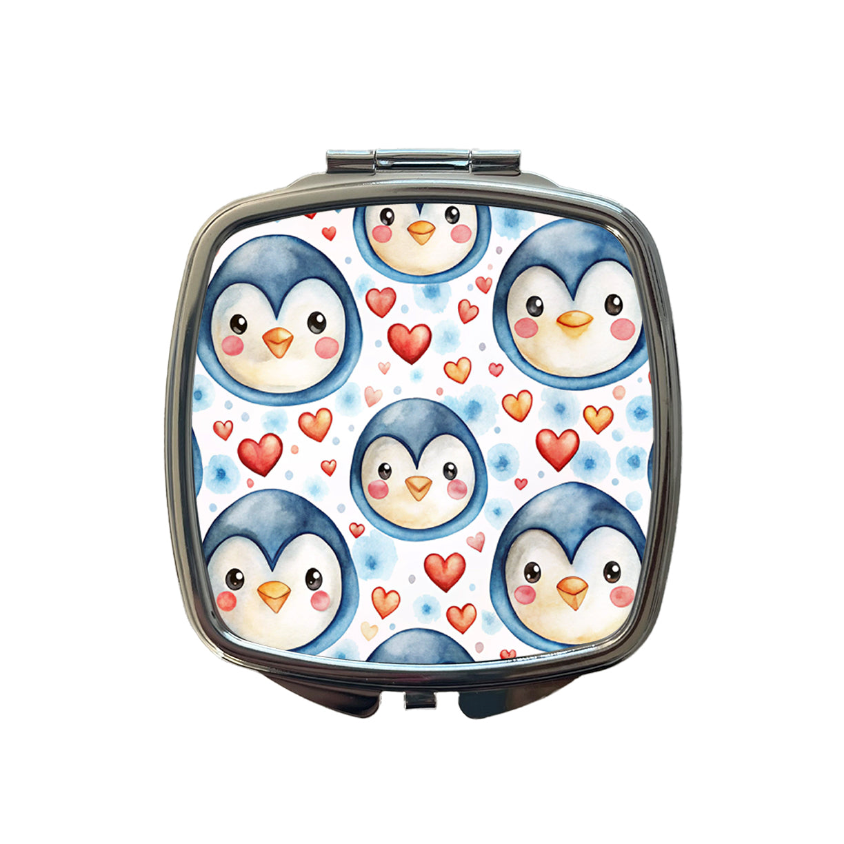 Cute Penguin Faces Hearts Watercolor Small Travel Purse Handbag Pocket Makeup Compact Mirror