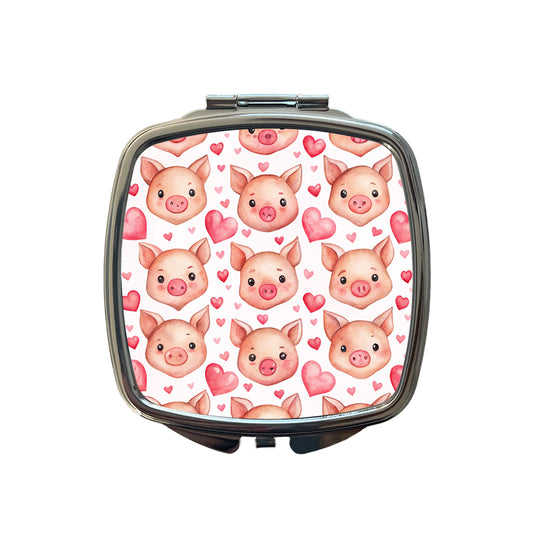 Cute Pig Faces Hearts Watercolor Small Travel Purse Handbag Pocket Makeup Compact Mirror