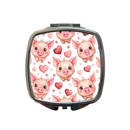 Cute Pigs Hearts Watercolor Small Travel Purse Handbag Pocket Makeup Compact Mirror