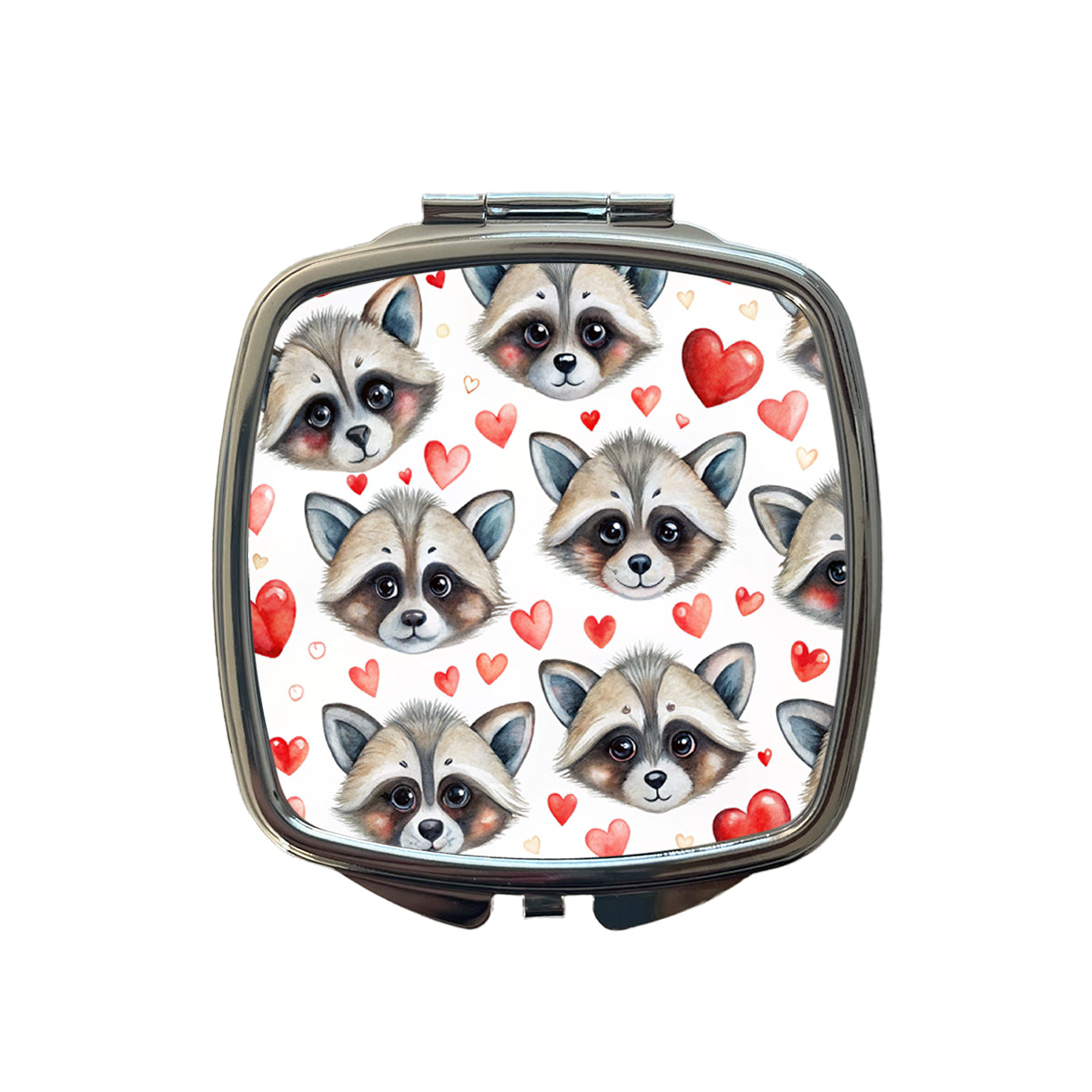 Cute Raccoon Faces Hearts Small Travel Purse Handbag Pocket Makeup Compact Mirror