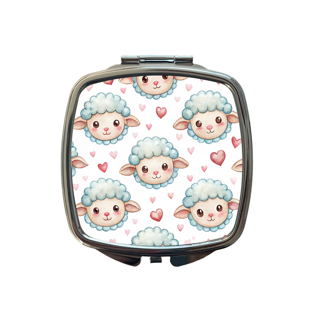 Cute Sheep Faces Hearts Watercolor Small Travel Purse Handbag Pocket Makeup Compact Mirror