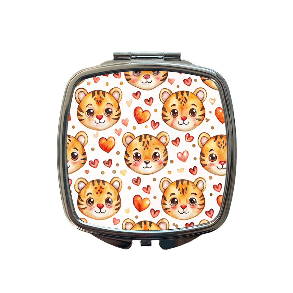 Cute Tiger Faces Hearts Watercolor Small Travel Purse Handbag Pocket Makeup Compact Mirror