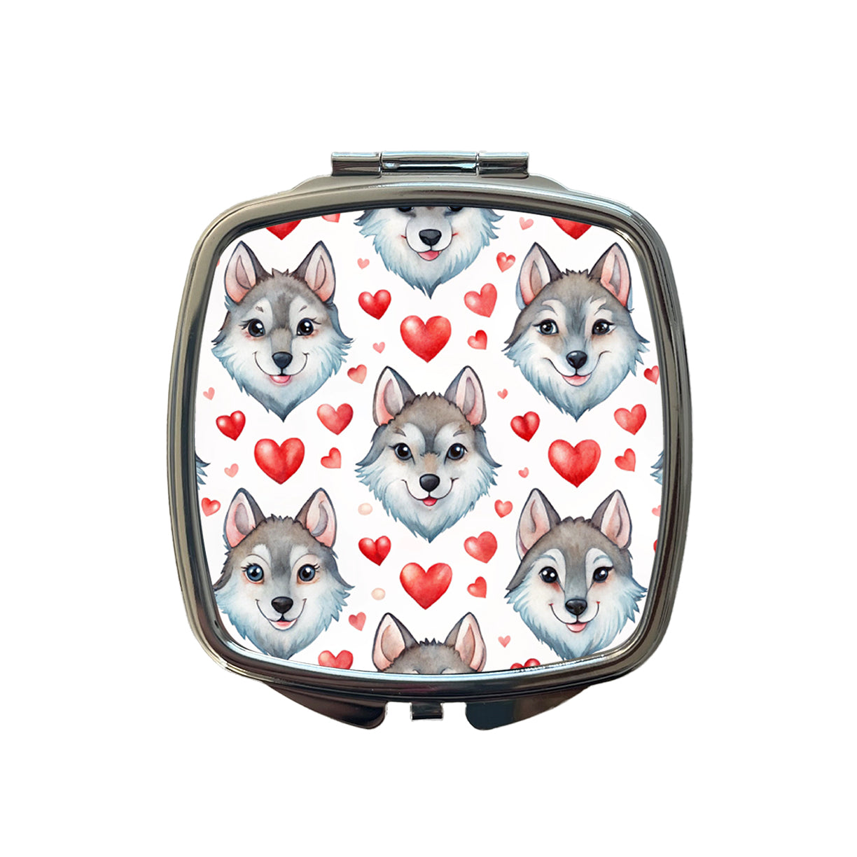 Cute Wolf Faces Hearts Watercolor Small Travel Purse Handbag Pocket Makeup Compact Mirror