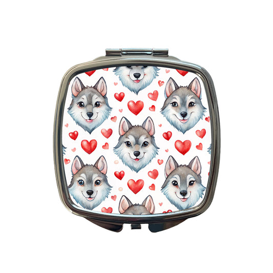 Cute Wolf Faces Hearts Watercolor Small Travel Purse Handbag Pocket Makeup Compact Mirror