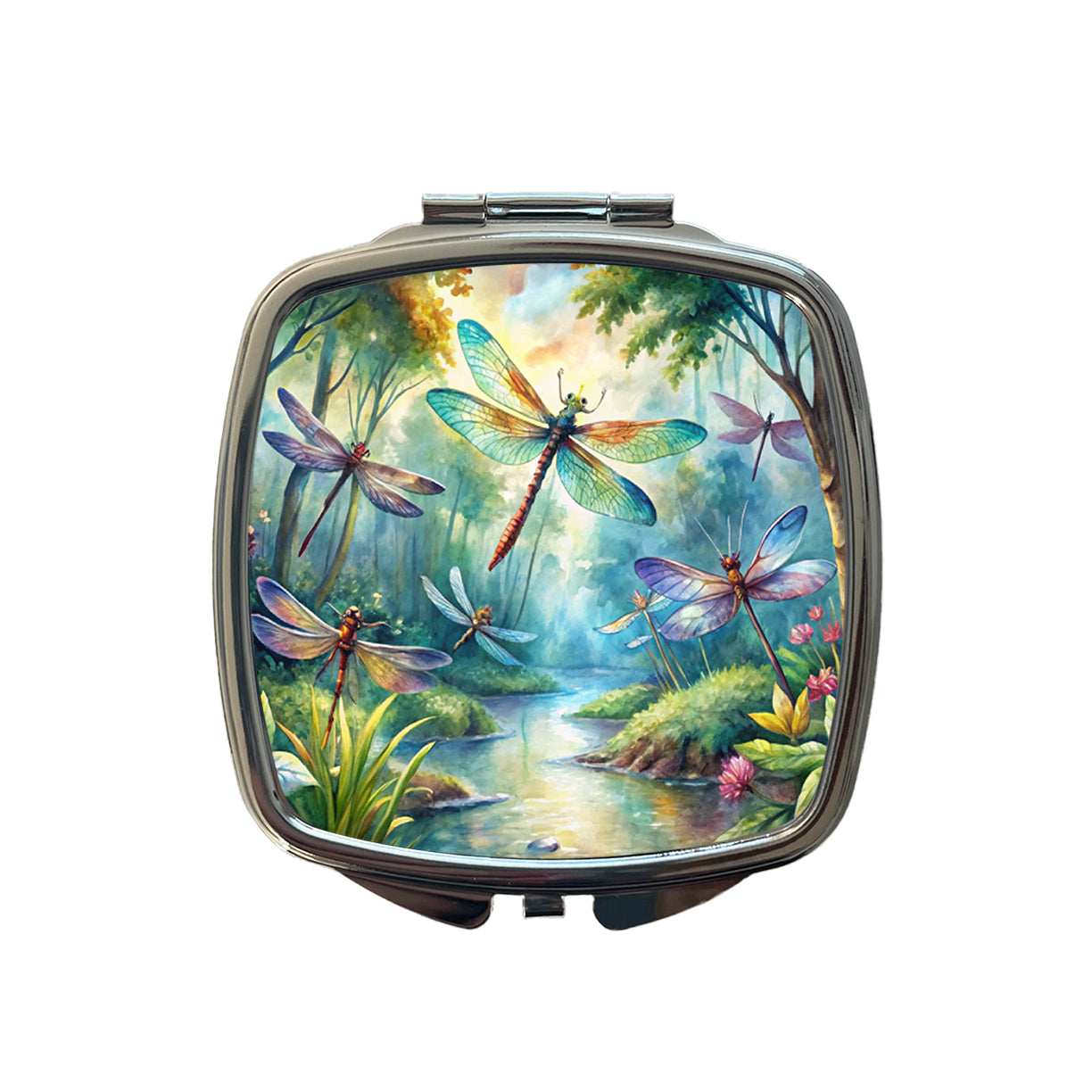Dragonflies Forest Fantasy Watercolor Design Small Travel Purse Handbag Pocket Makeup Compact Mirror