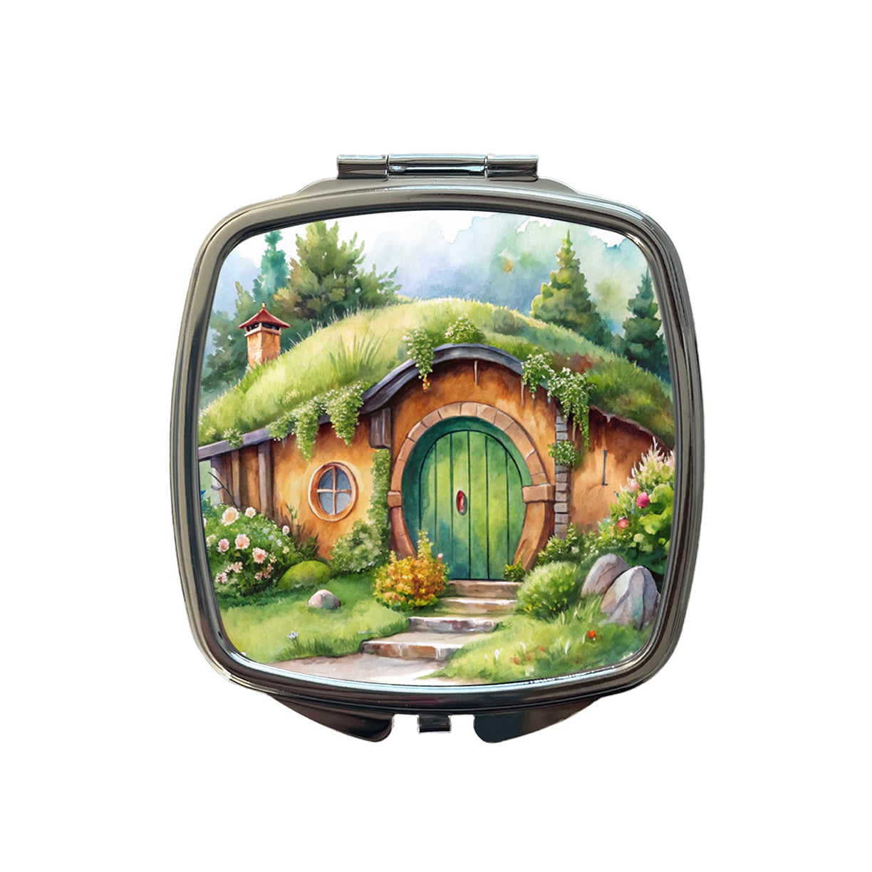 Fantasy House Grass Roof Watercolor Design Small Travel Purse Handbag Pocket Makeup Compact Mirror