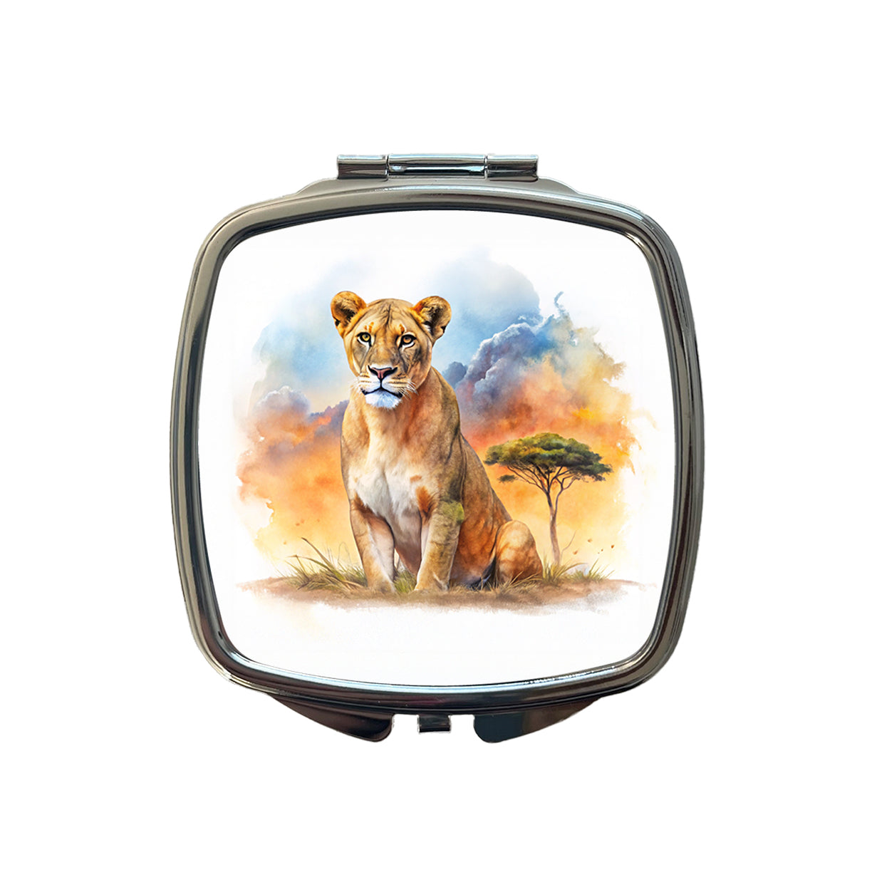 Female Lion African Plain Watercolor Design Small Travel Purse Handbag Pocket Makeup Compact Mirror