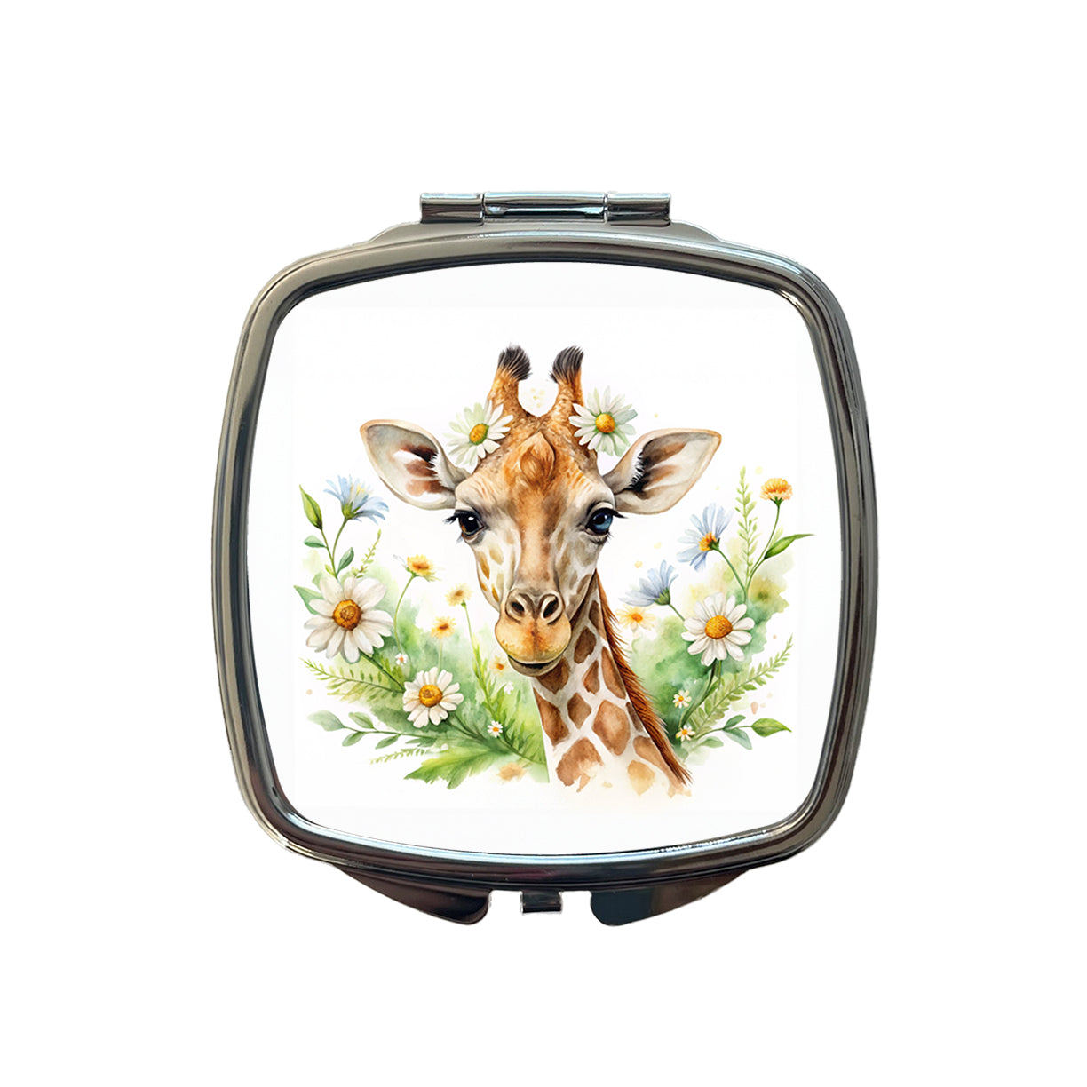 Giraffe Watercolor Design With Daisies Small Travel Purse Handbag Pocket Makeup Compact Mirror