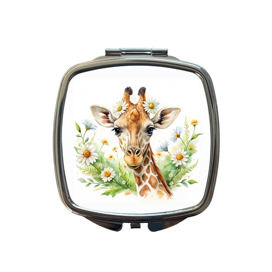 Giraffe Watercolor Design With Daisies Small Travel Purse Handbag Pocket Makeup Compact Mirror