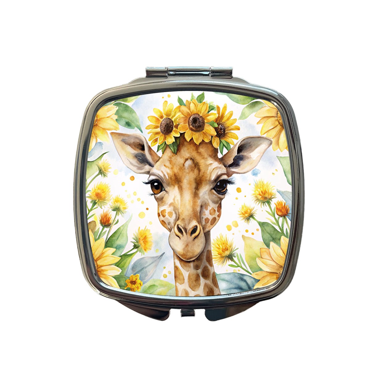 Giraffe Watercolor Design With Sunflowers Small Travel Purse Handbag Pocket Makeup Compact Mirror