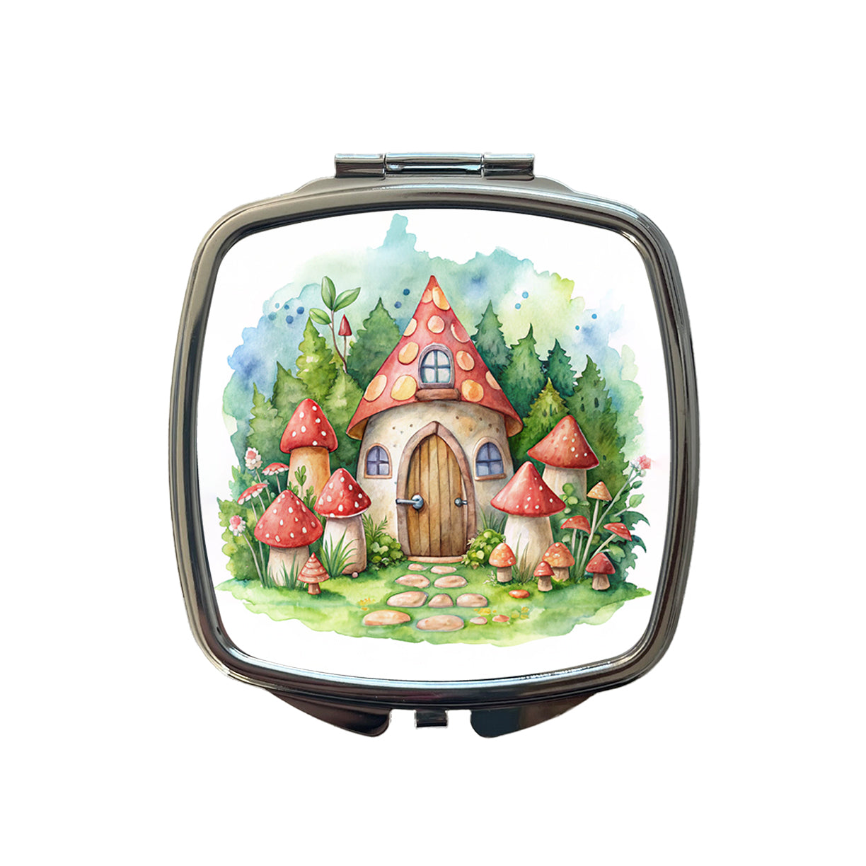 Gnome House Red Roof Watercolor Cute Small Travel Purse Handbag Pocket Makeup Compact Mirror