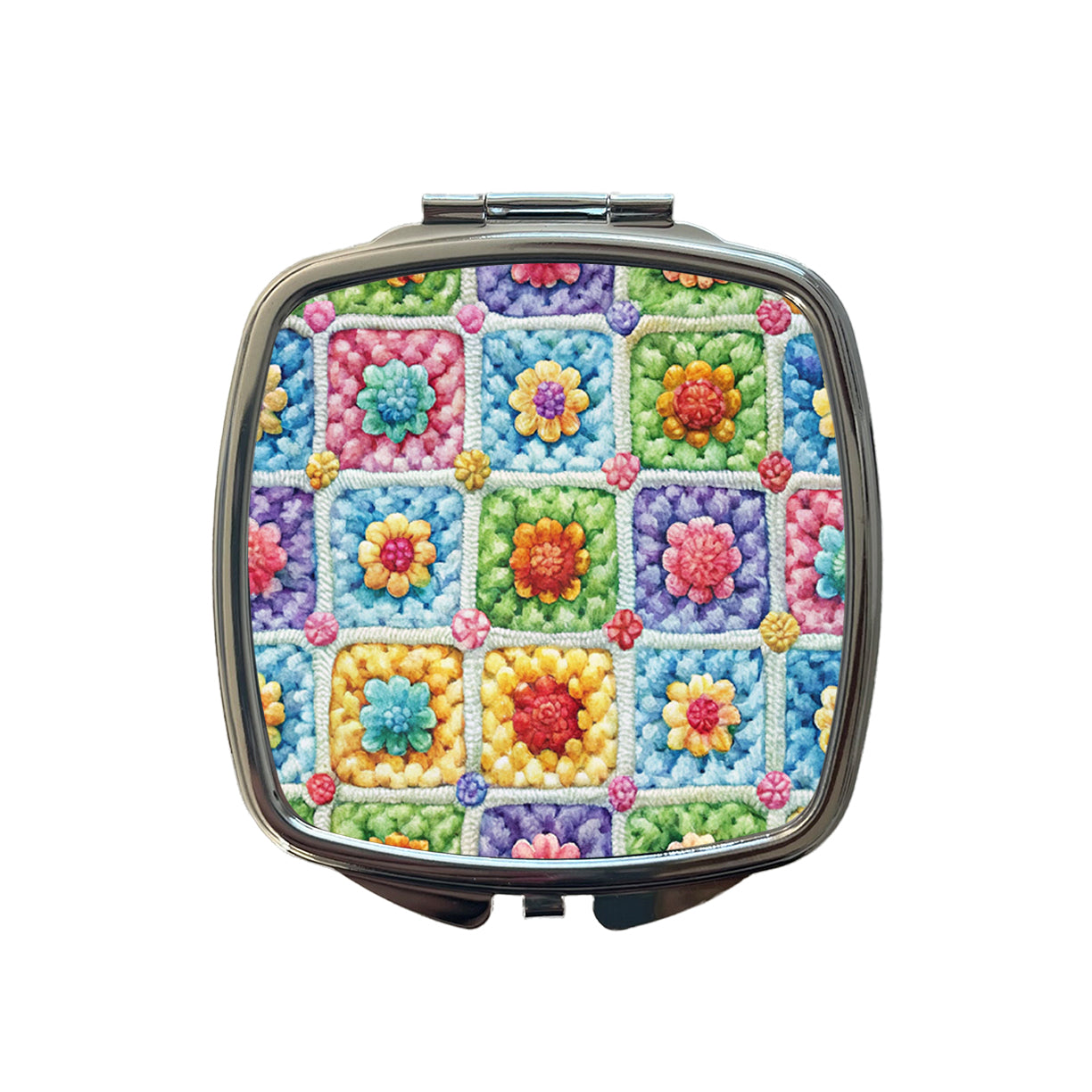 Granny Square Crochet Crocheting Pattern Watercolor Small Travel Purse Handbag Pocket Makeup Compact Mirror