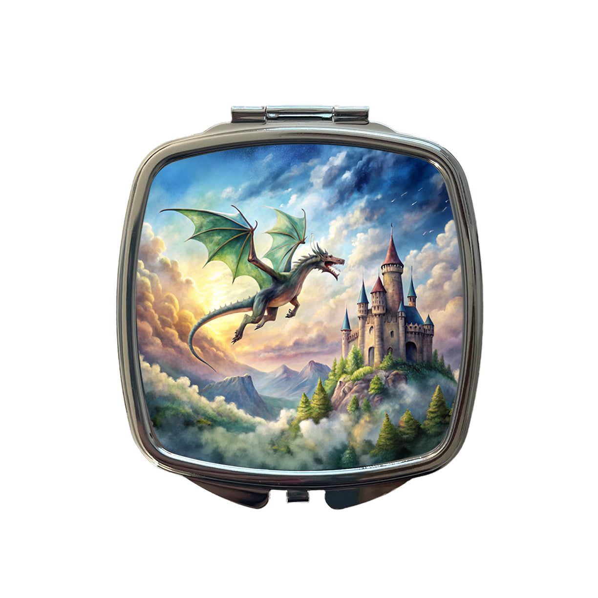 Green Dragon Flying Over Castle Watercolor Fantasy Small Travel Purse Handbag Pocket Makeup Compact Mirror