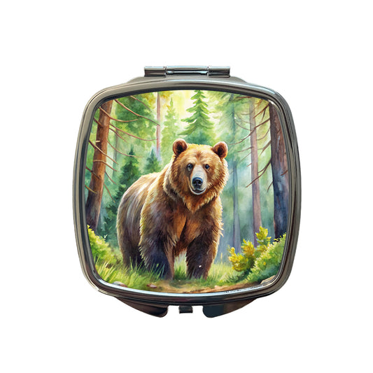 Grizzly Bear In Forest Watercolor Small Travel Purse Handbag Pocket Makeup Compact Mirror