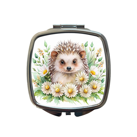 Hedgehog Watercolor Design With Daisies Small Travel Purse Handbag Pocket Makeup Compact Mirror