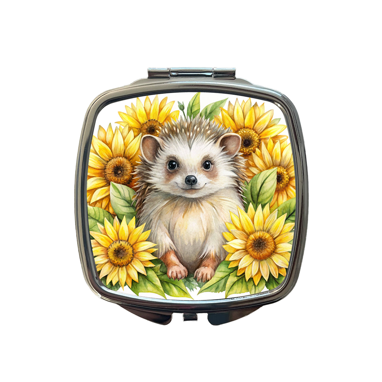 Hedgehog Watercolor Design With Sunflowers Small Travel Purse Handbag Pocket Makeup Compact Mirror