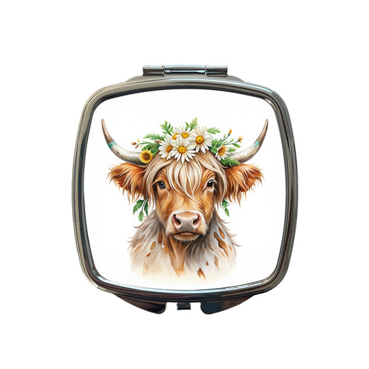 Highland Cow Watercolor Design With Daisies Small Travel Purse Handbag Pocket Makeup Compact Mirror