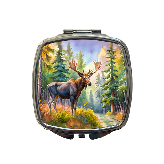 Moose In Forest Watercolor Small Travel Purse Handbag Pocket Makeup Compact Mirror
