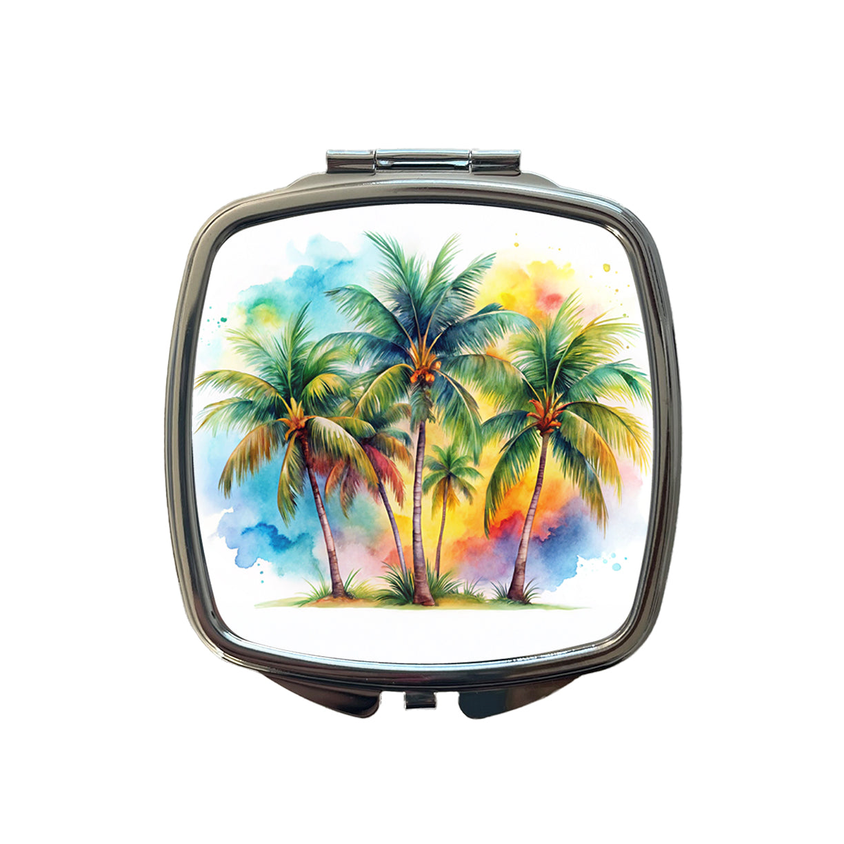 Palm Trees Tropical Watercolor Design Small Travel Purse Handbag Pocket Makeup Compact Mirror