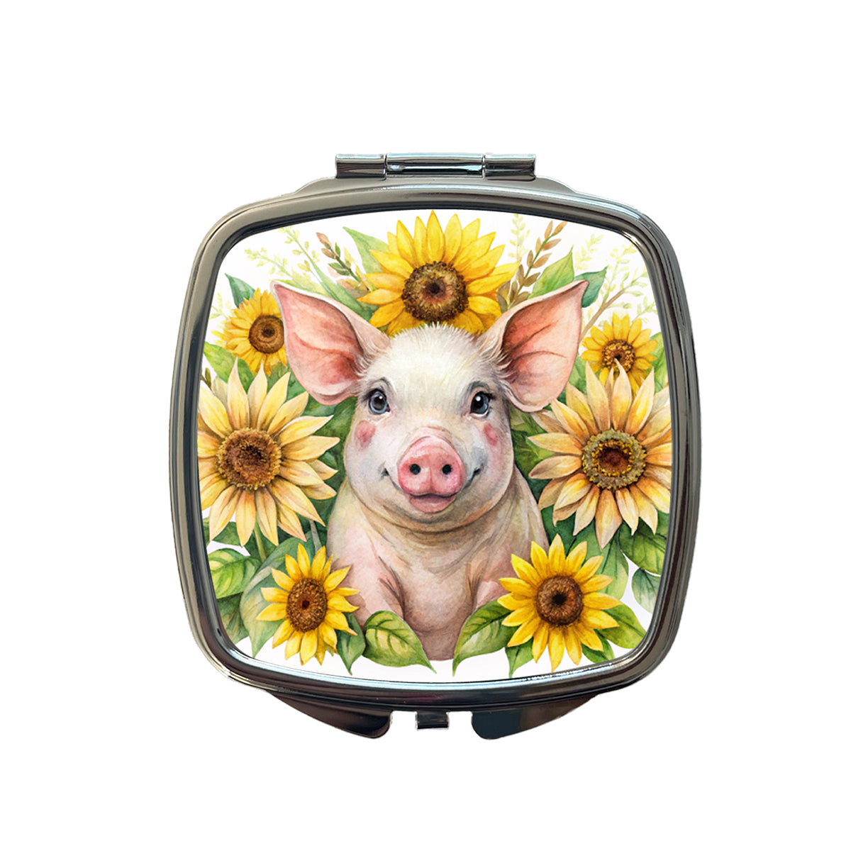 Pig In Sunflowers Watercolor Design Small Travel Purse Handbag Pocket Makeup Compact Mirror