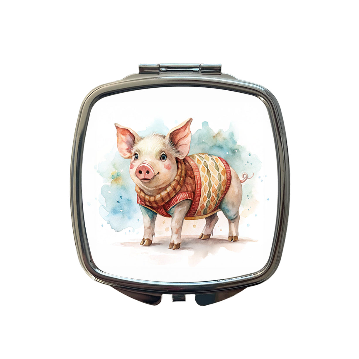 Pig Wearing A Sweater Watercolor Small Travel Purse Handbag Pocket Makeup Compact Mirror