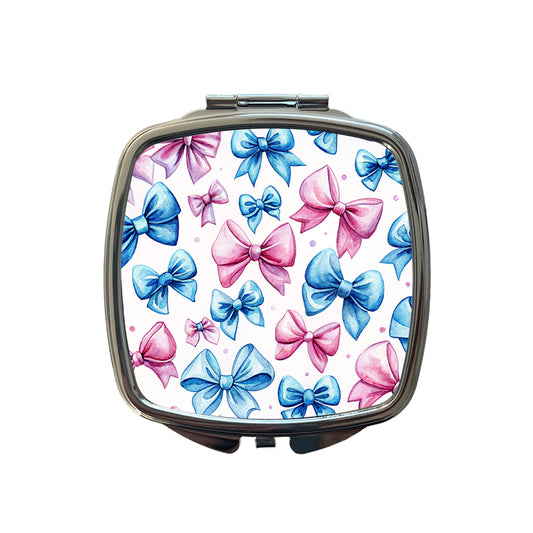 Pink Blue Scattered Coquette Bows Watercolor Small Travel Purse Handbag Pocket Makeup Compact Mirror
