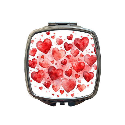 Red Scattered Hearts Love Anniversary Watercolor Small Travel Purse Handbag Pocket Makeup Compact Mirror