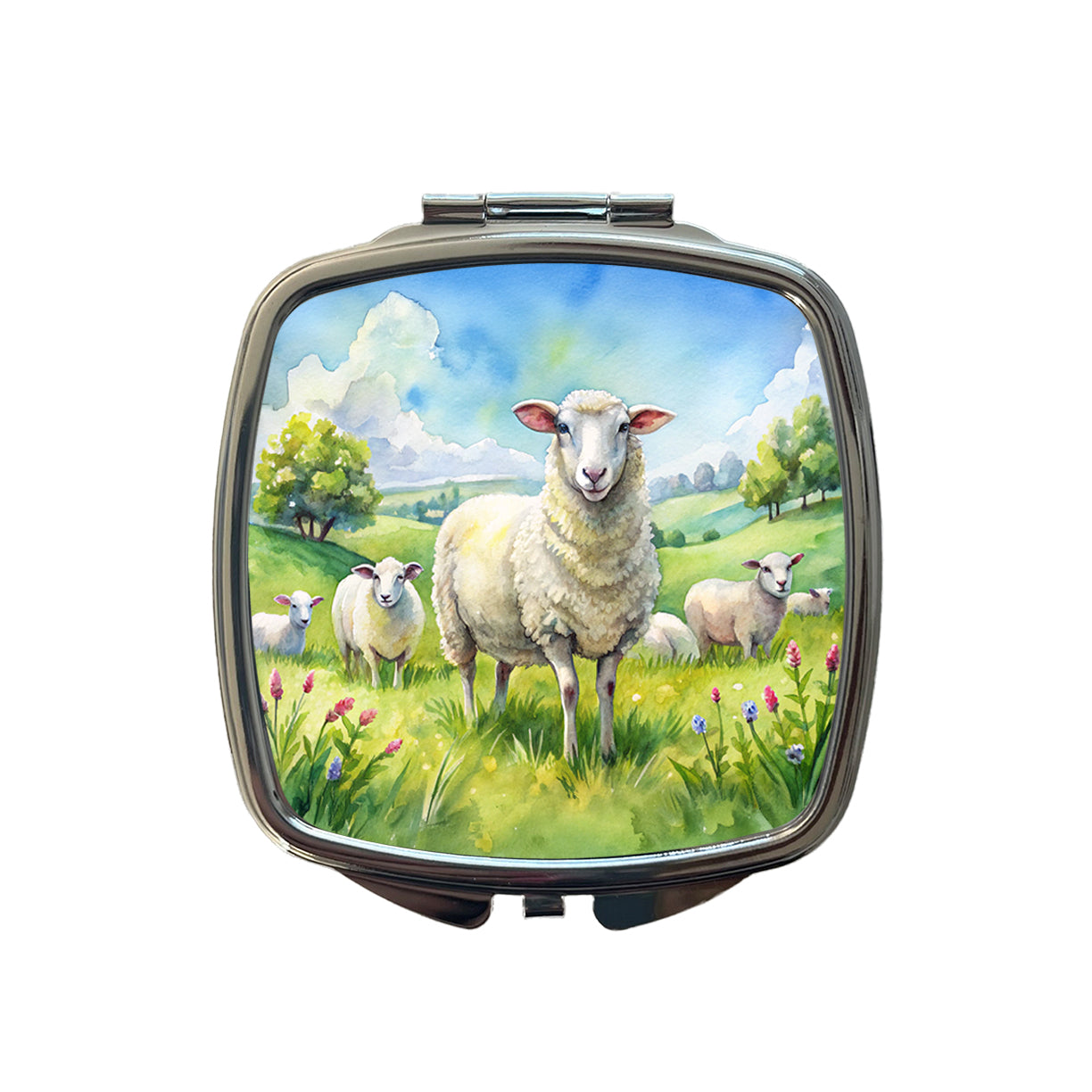 Sheep In Meadow Watercolor Design Small Travel Purse Handbag Pocket Makeup Compact Mirror