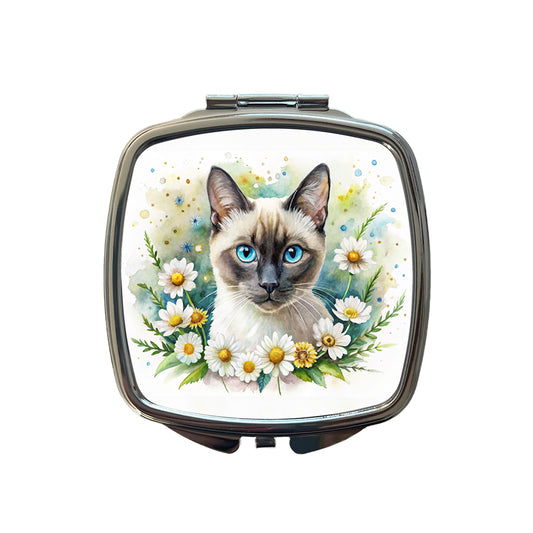 Siamese Cat Watercolor Design With Daisies Small Travel Purse Handbag Pocket Makeup Compact Mirror