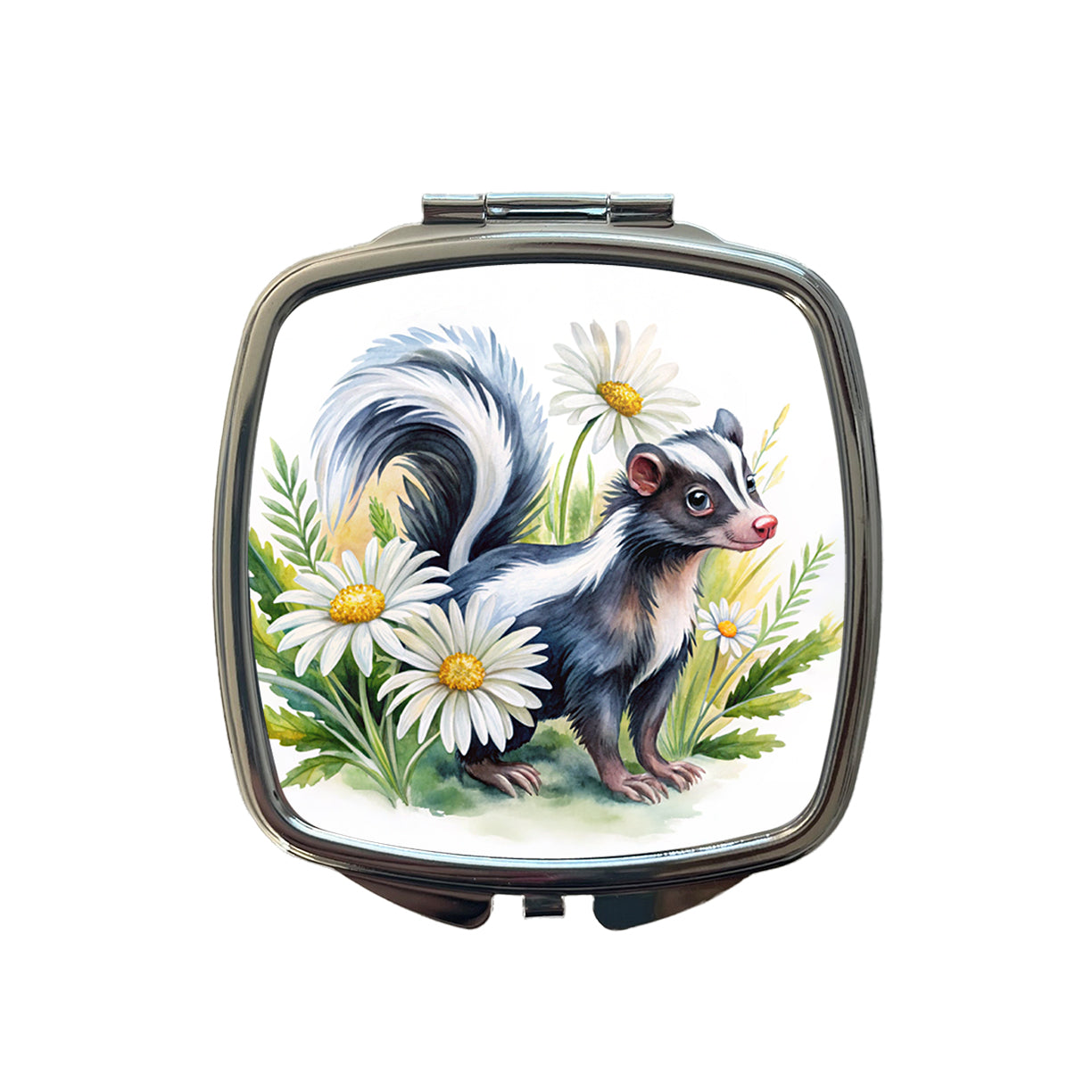 Skunk Watercolor Design With Daisies Small Travel Purse Handbag Pocket Makeup Compact Mirror