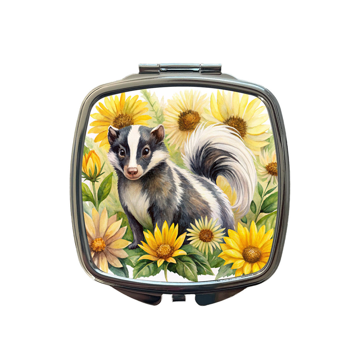 Skunk Watercolor Design With Sunflowers Small Travel Purse Handbag Pocket Makeup Compact Mirror