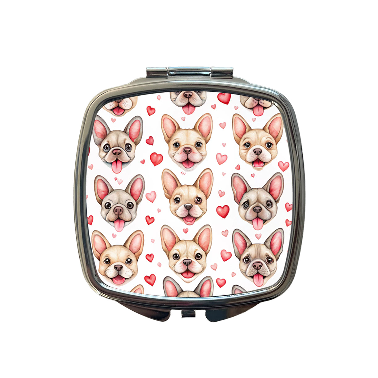 Smiling Cute French Bulldog Dog Faces Hearts Small Travel Purse Handbag Pocket Makeup Compact Mirror