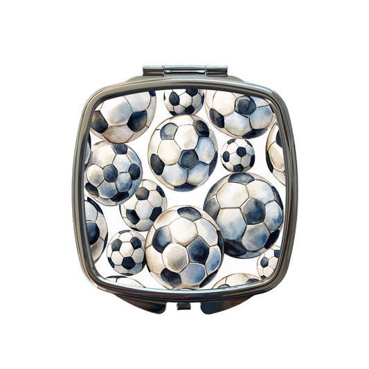 White Black Soccer Balls Watercolor Small Travel Purse Handbag Pocket Makeup Compact Mirror