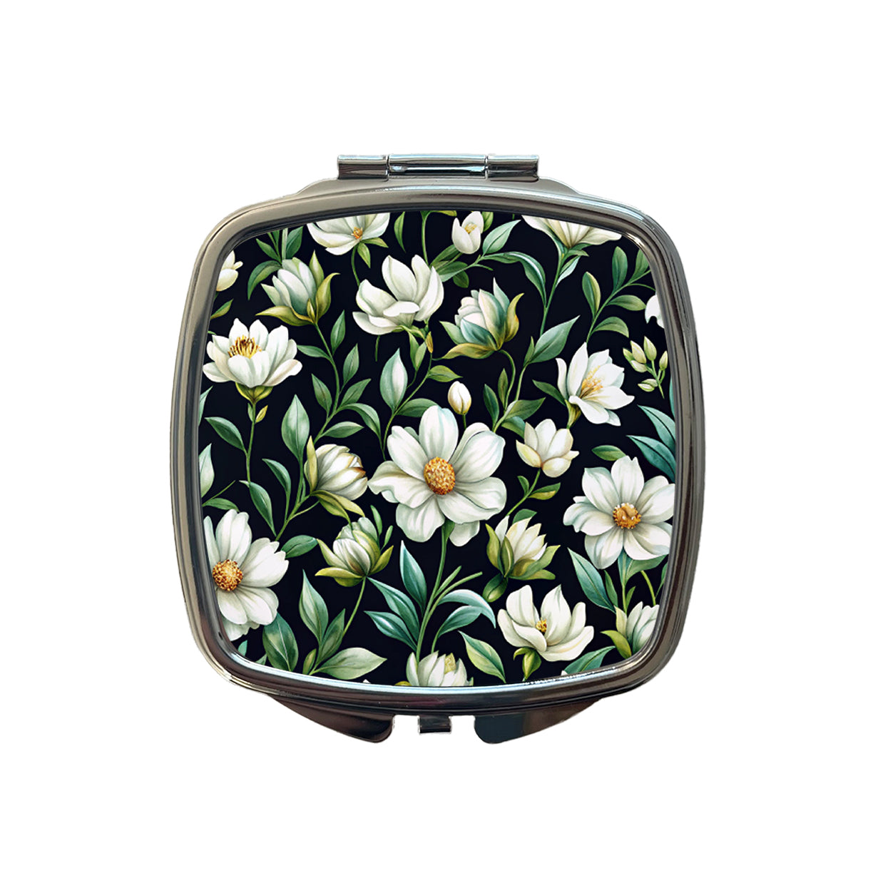 White Flowers Black Background Small Travel Purse Handbag Pocket Makeup Compact Mirror